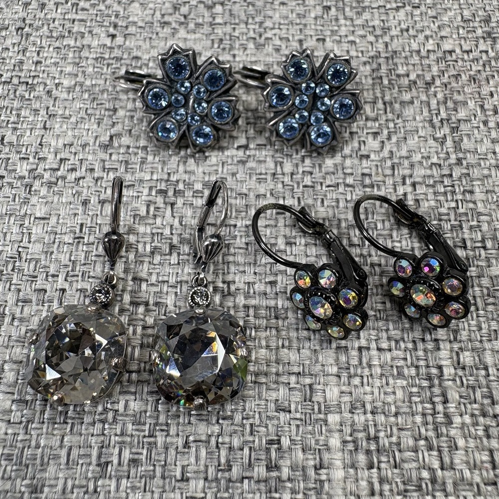 Vintage Style Crystal Earring Set 3 Pairs Blue Floral Iridescent Gunmetal Drop